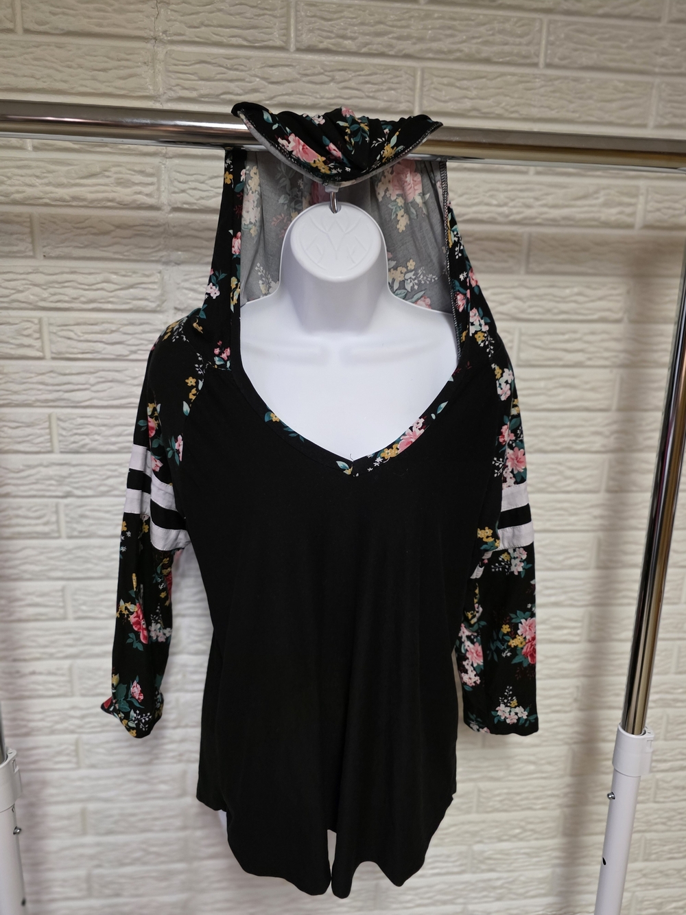 Bobbie Brooks Black Floral Hooded Long Sleeve Top